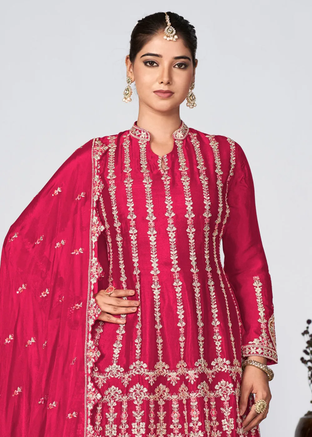 Pink Heavy Chinnon Embroidered Festive Palazzo Suit