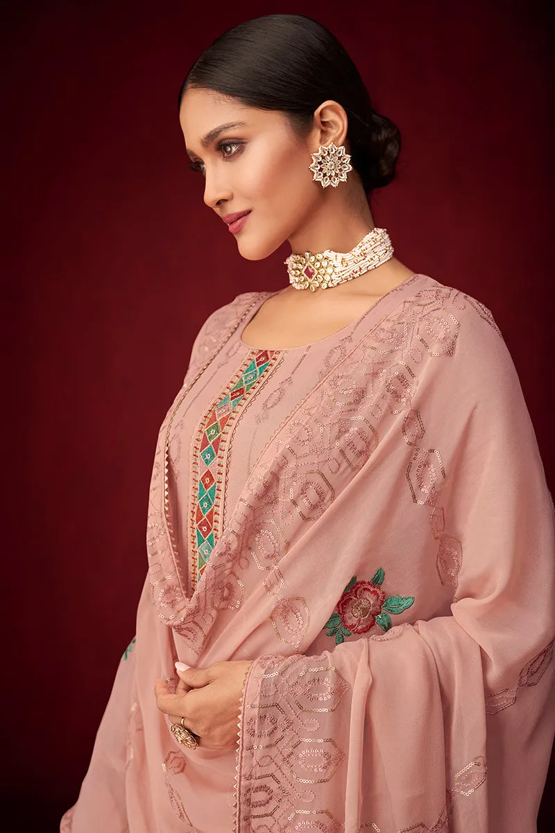 Pink Sequins & Thread Embroidered Georgette Salwar Suit