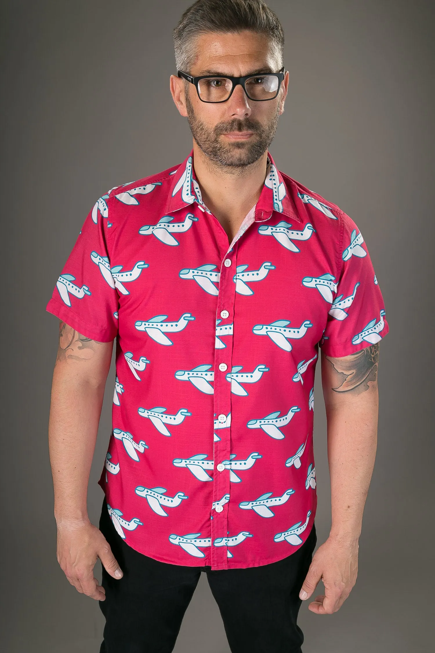 Pink White Aeroplane Print Cotton Slim Fit Mens Shirt Short Sleeve