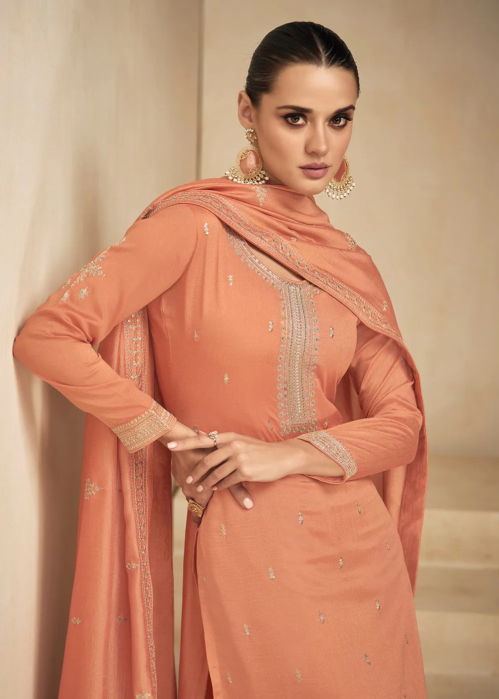 Premium Silk Pretty Orange Embroidered Straight Pant Salwar Suit