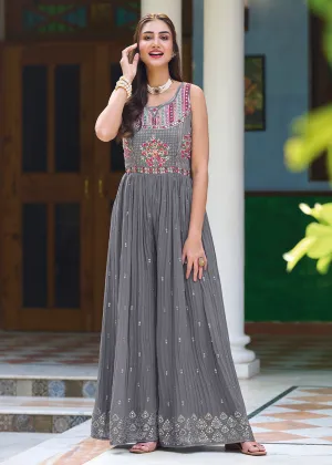 Pretty Grey Indo-Western Embroidered Georgette Jumpsuit