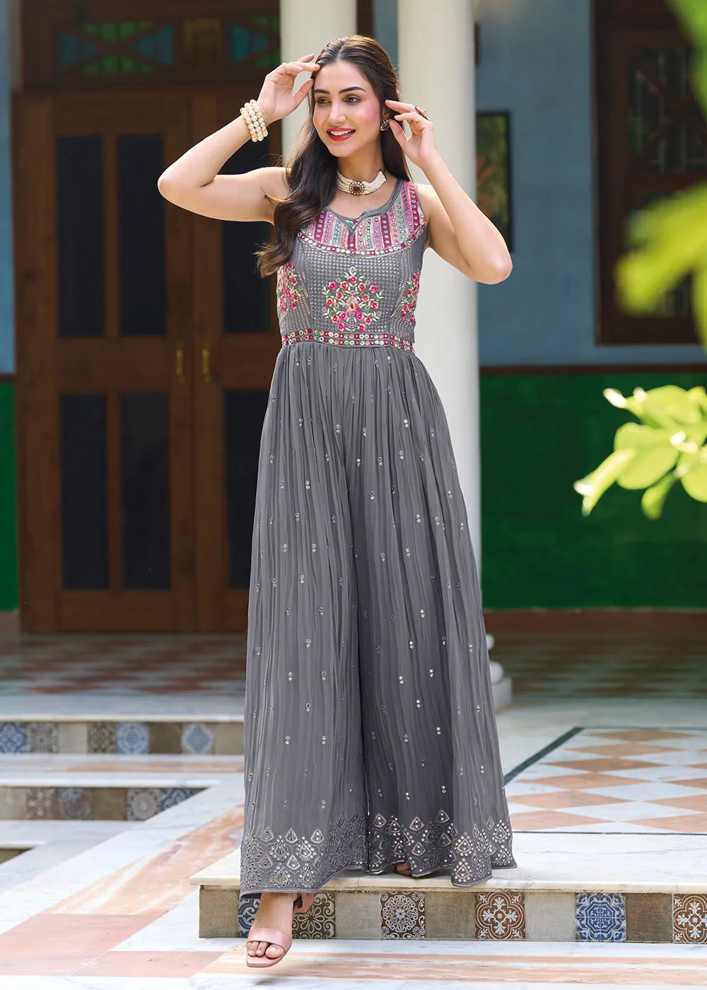 Pretty Grey Indo-Western Embroidered Georgette Jumpsuit