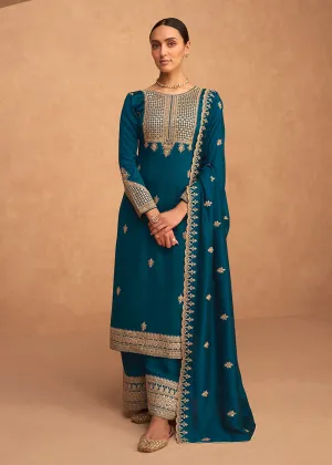 Pretty Teal Blue Premium Silk Embroidered Indian Palazzo Suit