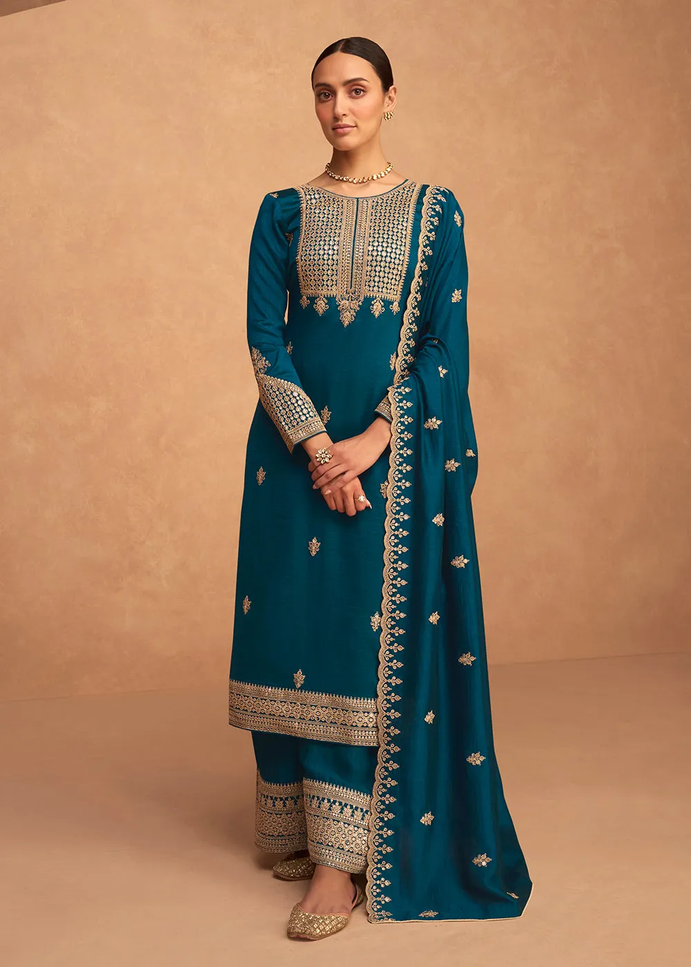 Pretty Teal Blue Premium Silk Embroidered Indian Palazzo Suit