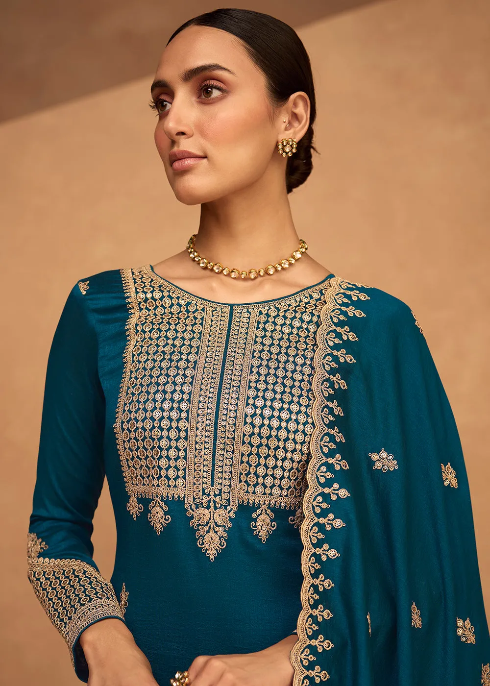 Pretty Teal Blue Premium Silk Embroidered Indian Palazzo Suit