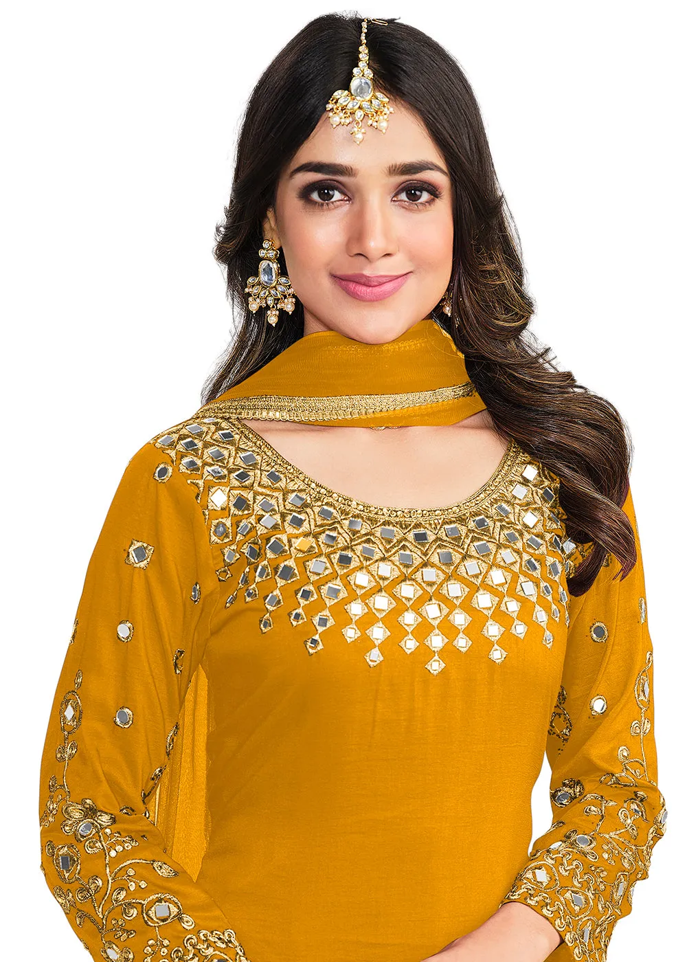 Punjabi Style Mustard Silk Mirror Work Patiala Suit