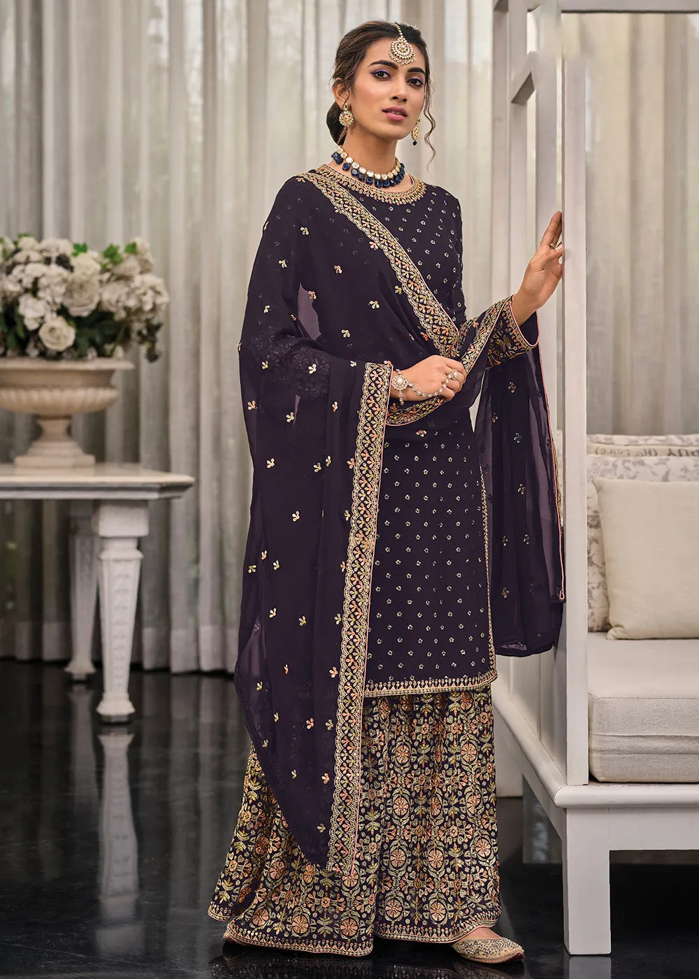 Purple Chinon & Georgette Designer Palazzo Salwar Suit