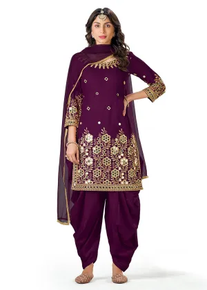 Purple Patiala Style Silk Embroidered Punjabi Salwar Suit