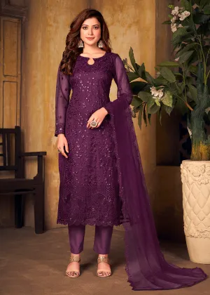 Purple Tone to Tone Embroidered Net Salwar Kameez