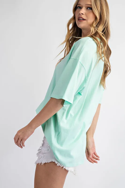 Rae Mode Washed Cotton Round Neckline Top (Tiffany Blue & White)