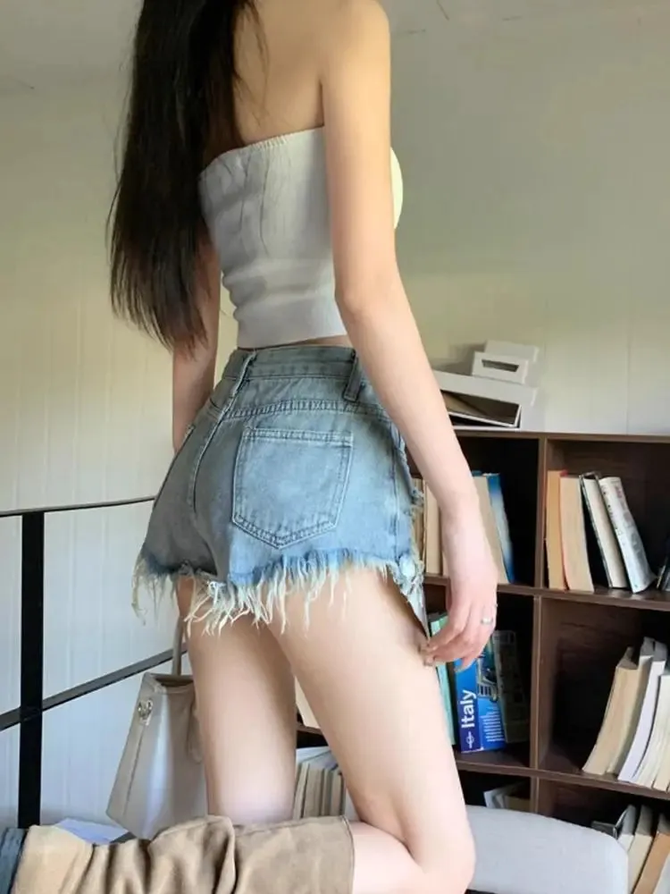 Ripped Fringed Raw-edged Denim Shorts