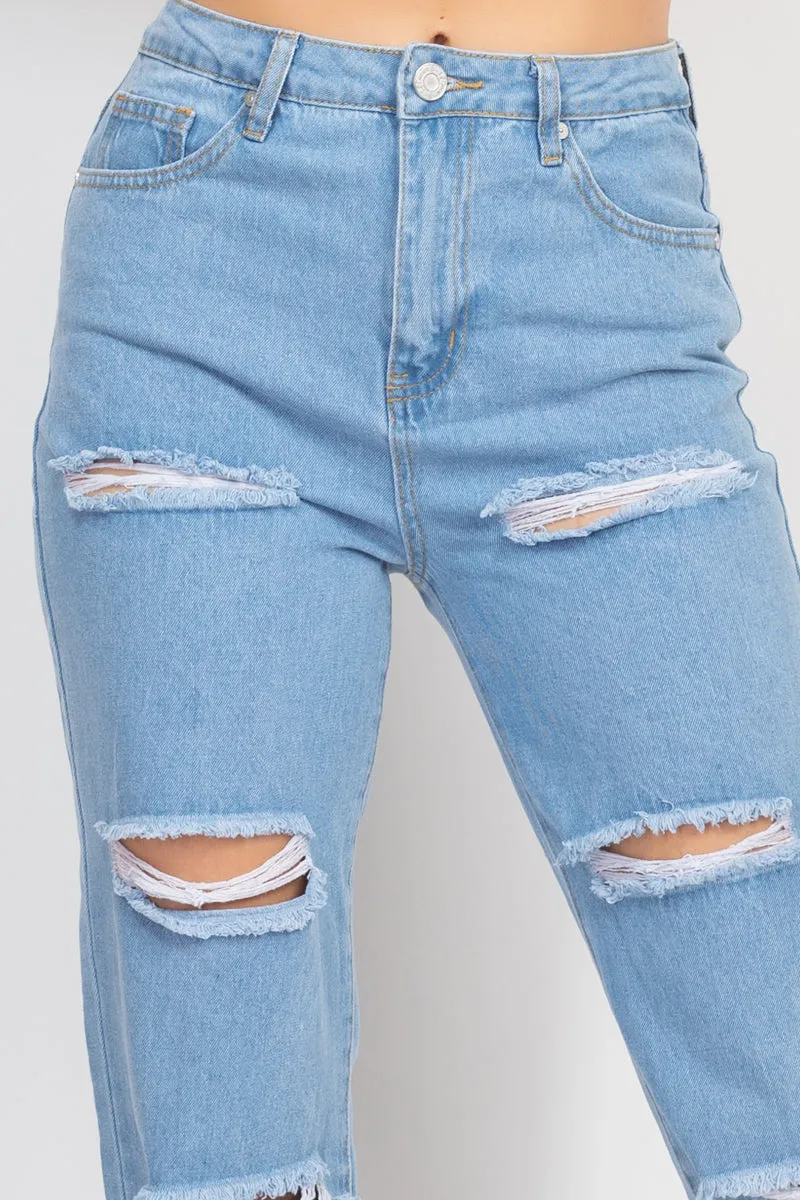 Rolled Hem Ripped Denim Jeans - Ships from The US