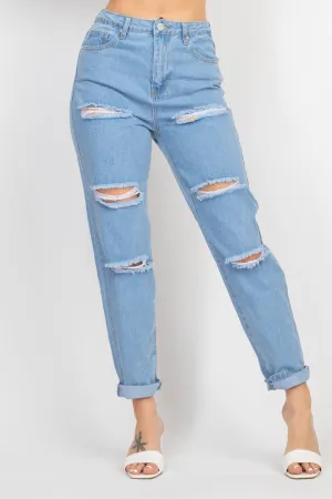 Rolled Hem Ripped Denim Jeans - Ships from The US