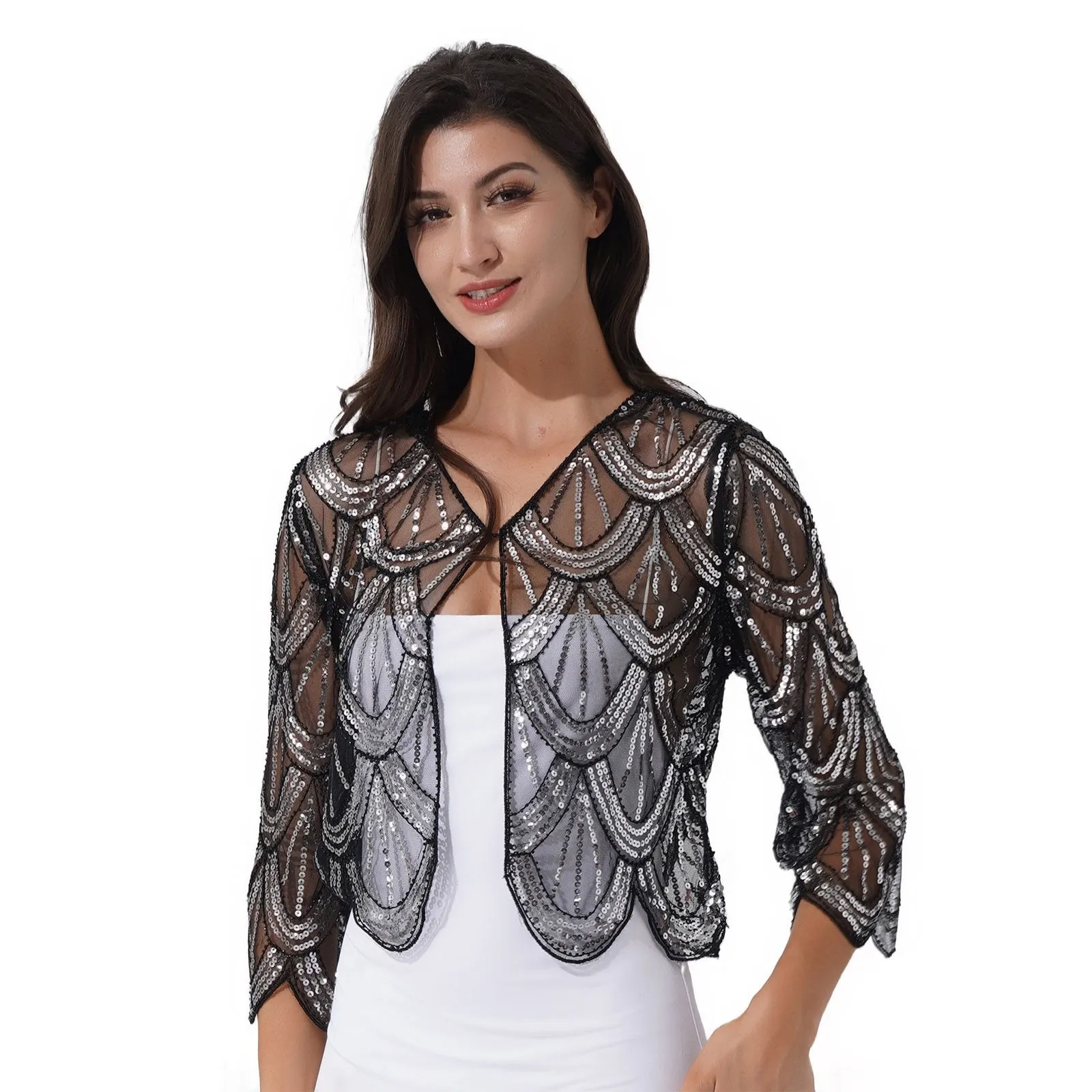 Sequins Long Sleeve Cardigan Style Bolero - Evening Cover Up