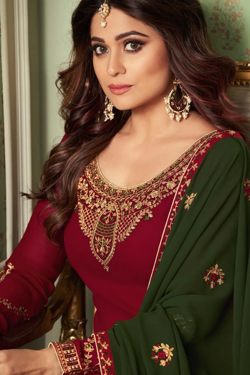 Shamita Shetty Maroon & Green Georgette Palazzo Suit