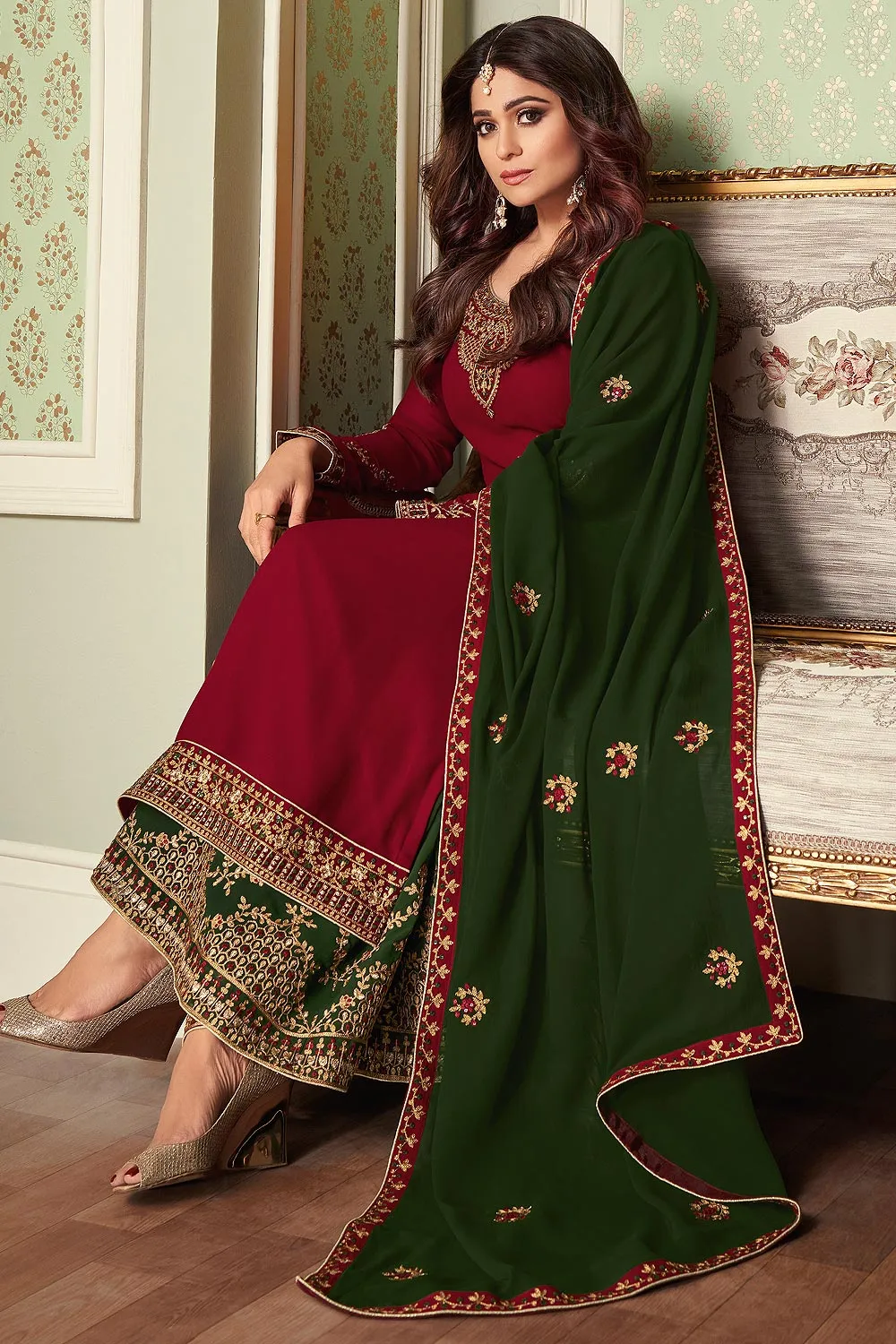 Shamita Shetty Maroon & Green Georgette Palazzo Suit