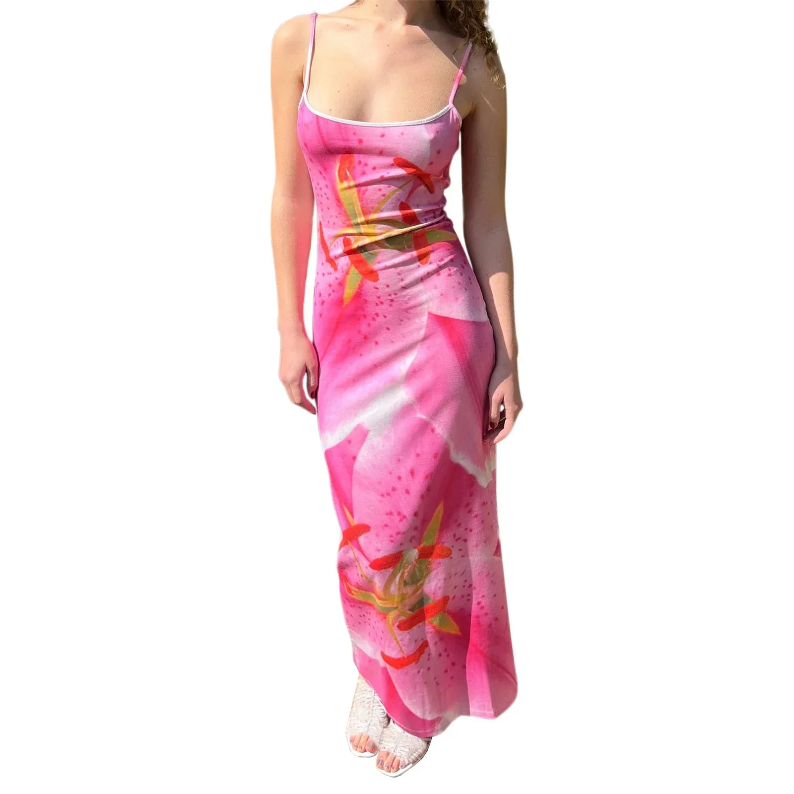 Slim Cami Pink Sleeveless Open Back Floral Print Holiday Casual Summer Long Dress