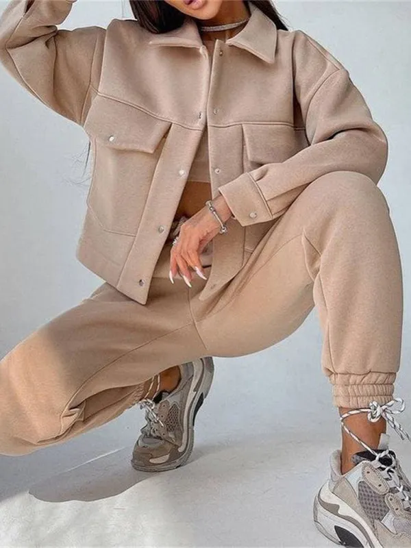 Solid color women's jacket jacket casual trousers suit long-sleeved jacket sweater two-piece suit