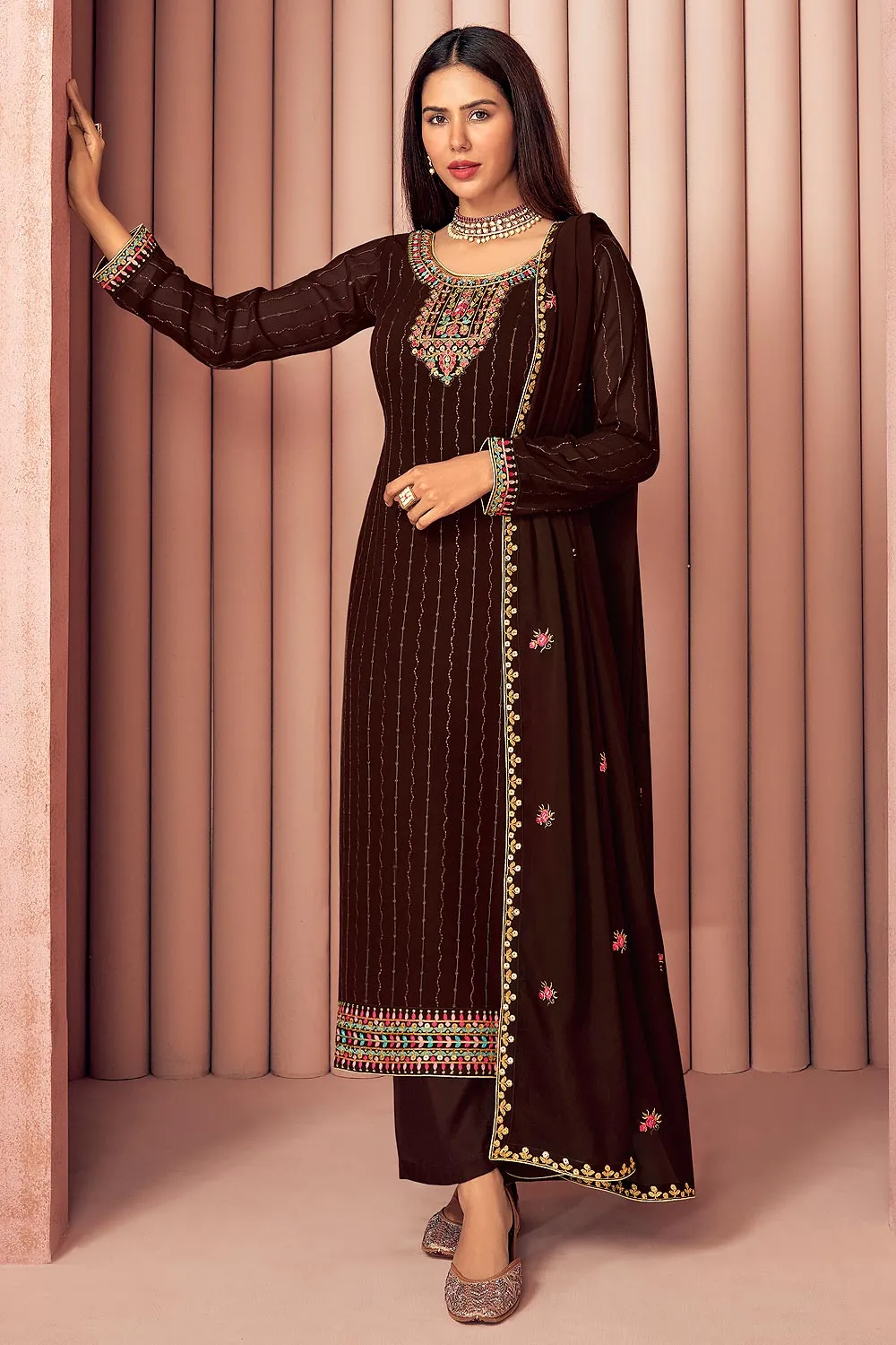 Sonam Bajwa Choco Brown Georgette Palazzo Suit