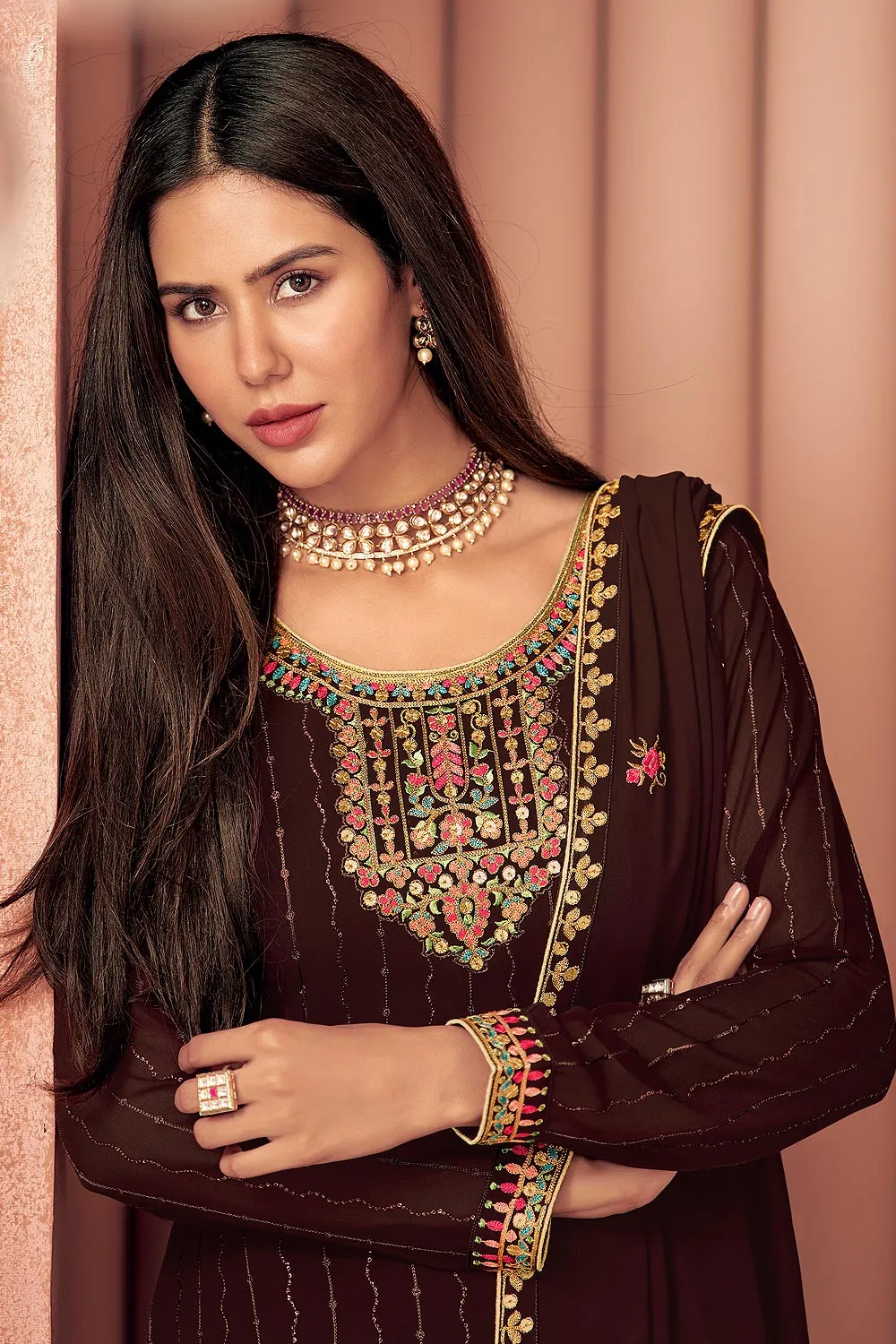 Sonam Bajwa Choco Brown Georgette Palazzo Suit