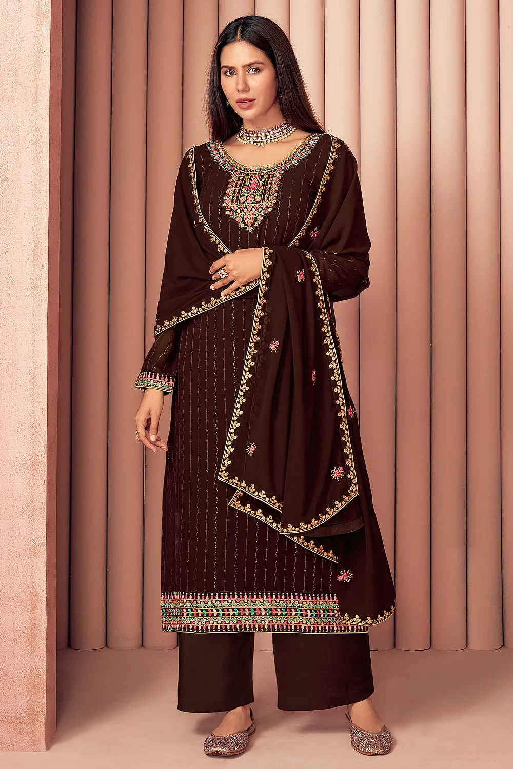 Sonam Bajwa Choco Brown Georgette Palazzo Suit