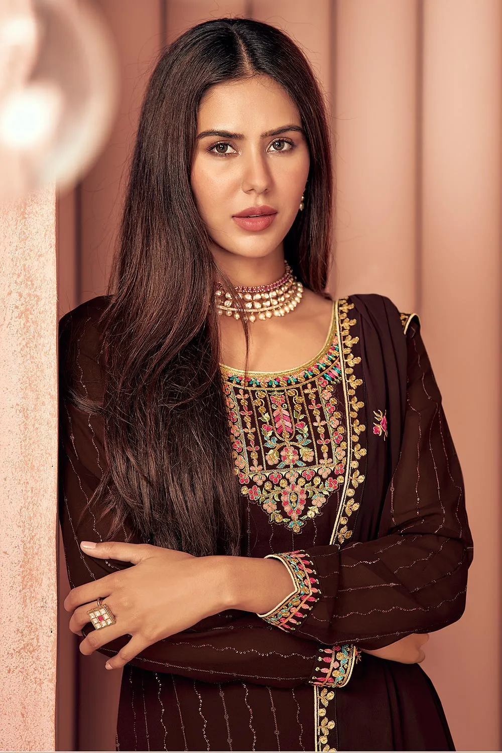 Sonam Bajwa Choco Brown Georgette Palazzo Suit