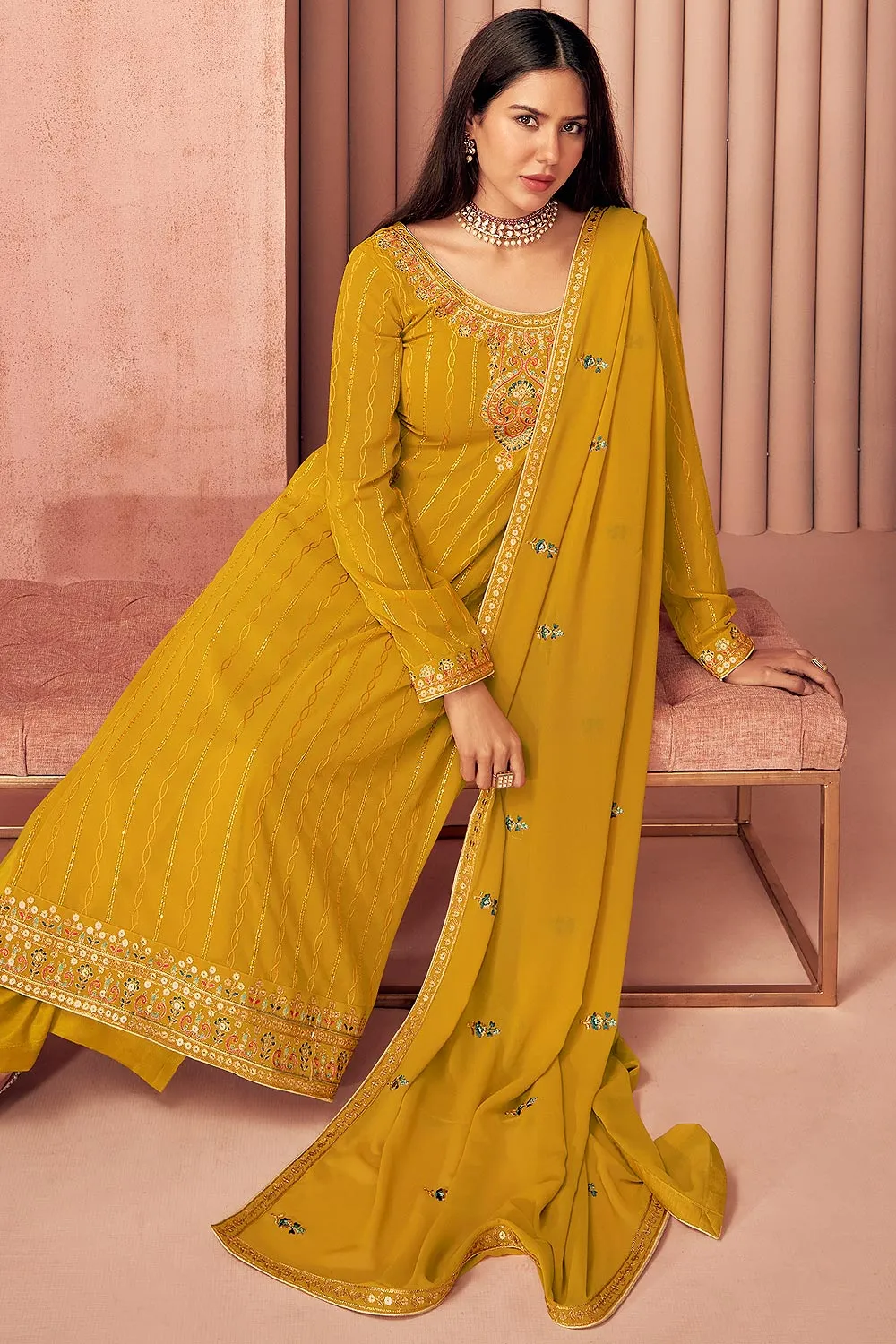 Sonam Bajwa Mustard Yellow Georgette Palazzo Suit