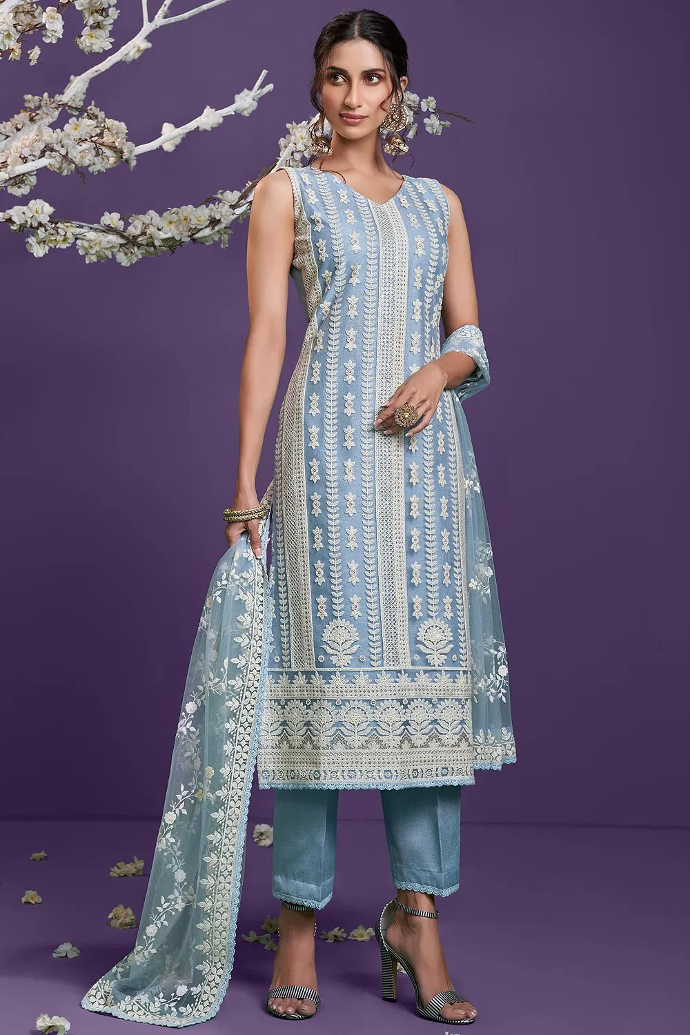 Steel Blue Lucknowi Chikankari Embroidered Pant Style Suit