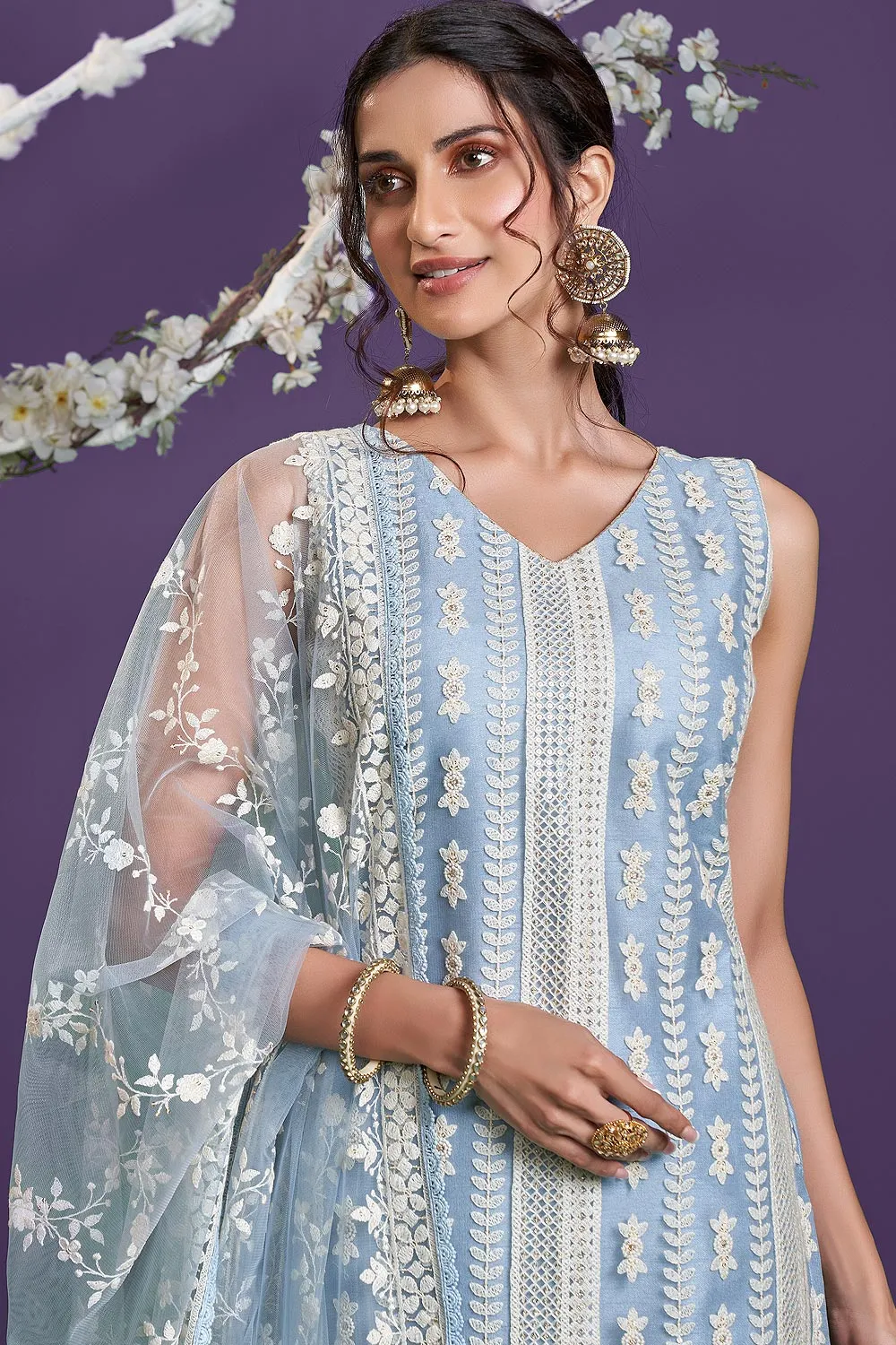 Steel Blue Lucknowi Chikankari Embroidered Pant Style Suit