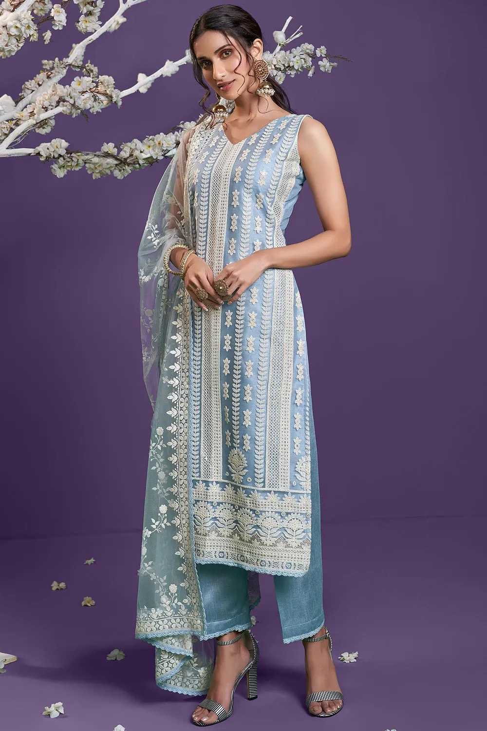 Steel Blue Lucknowi Chikankari Embroidered Pant Style Suit