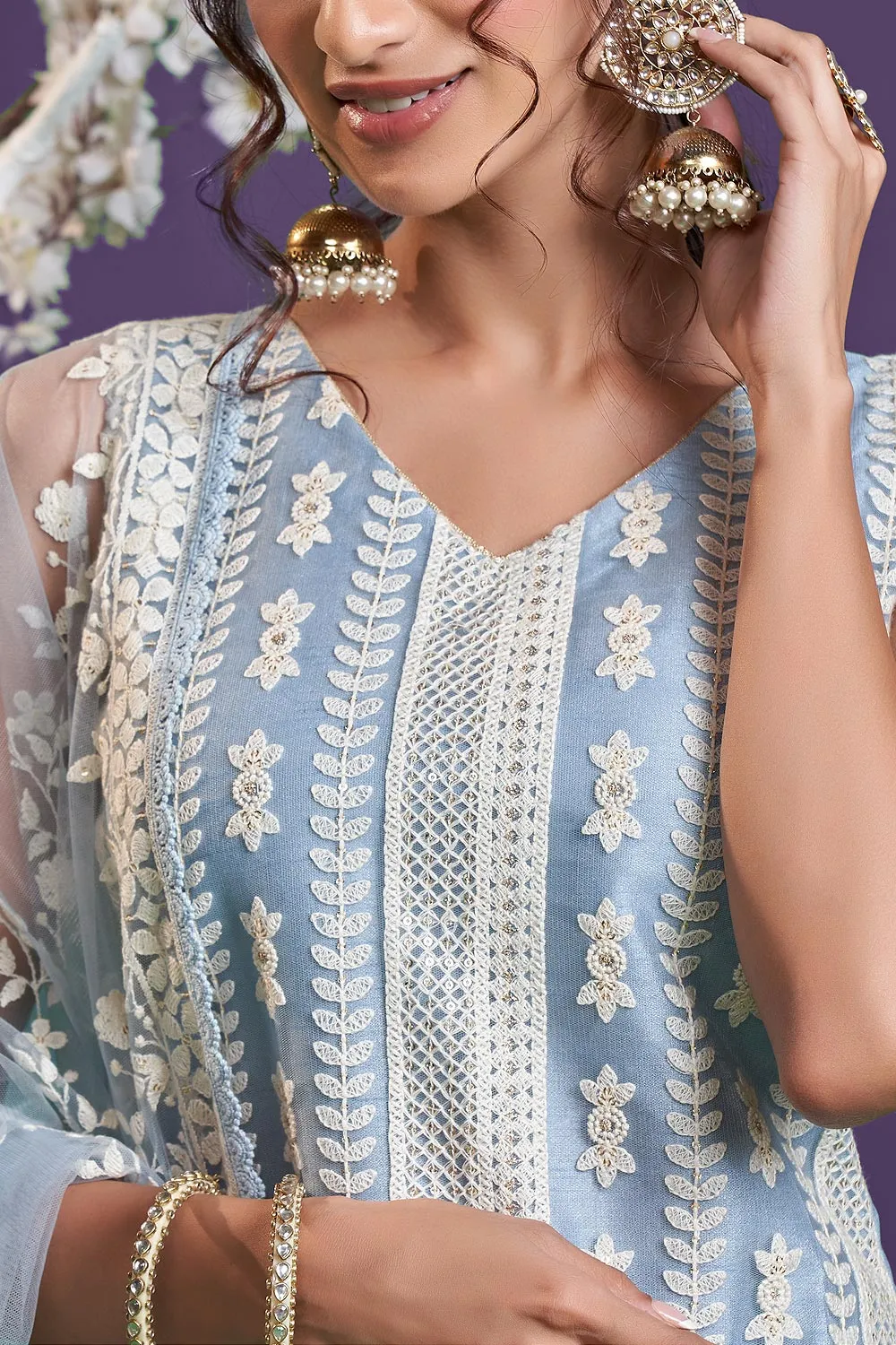 Steel Blue Lucknowi Chikankari Embroidered Pant Style Suit