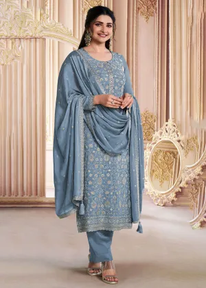 Stunning Bluish Grey Embroidered Festive Salwar Suit