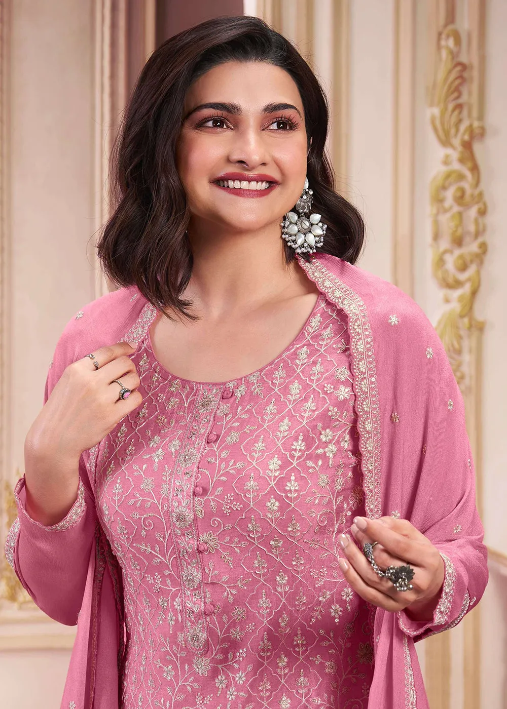 Stunning Cherry Pink Embroidered Festive Salwar Suit