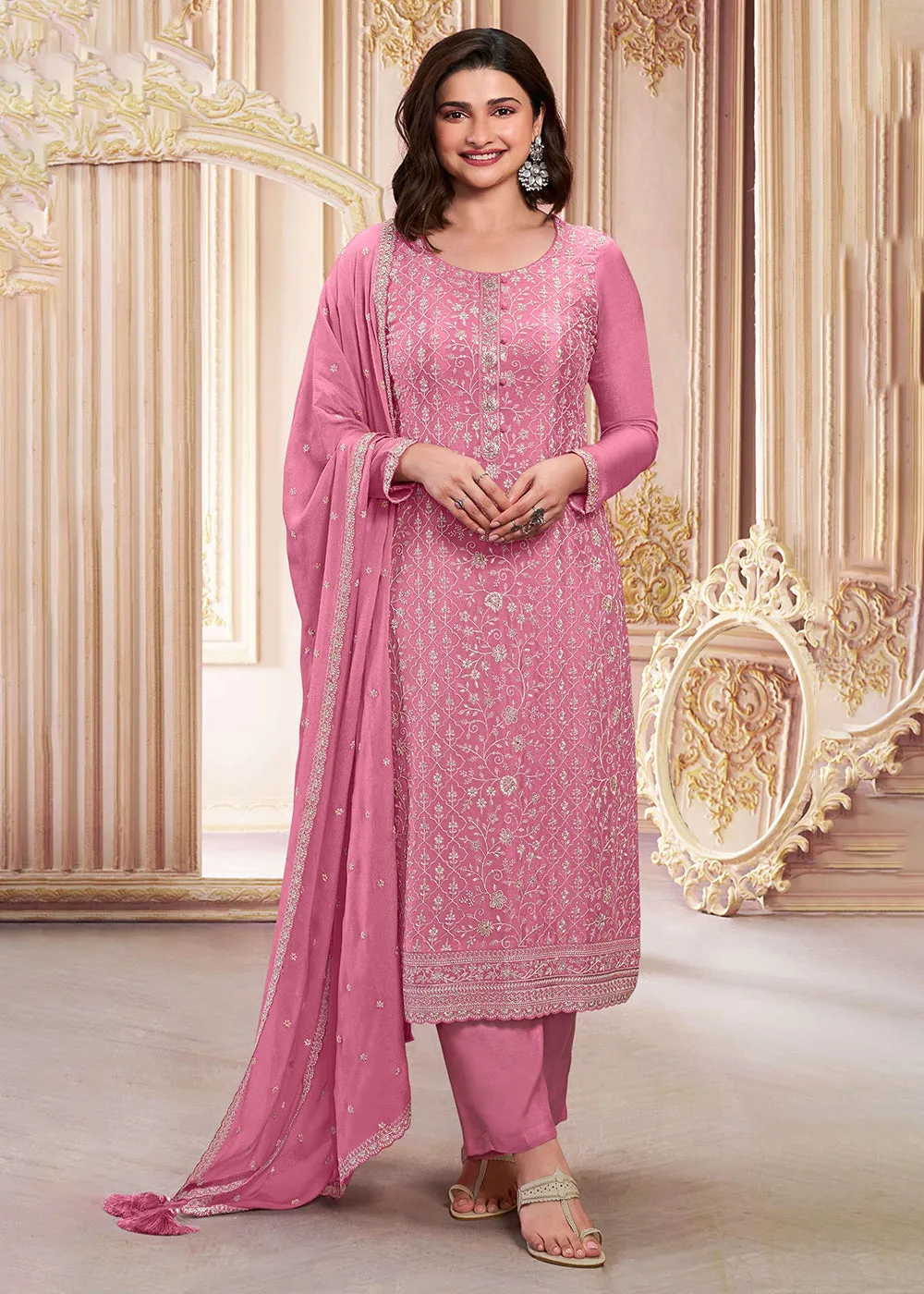 Stunning Cherry Pink Embroidered Festive Salwar Suit