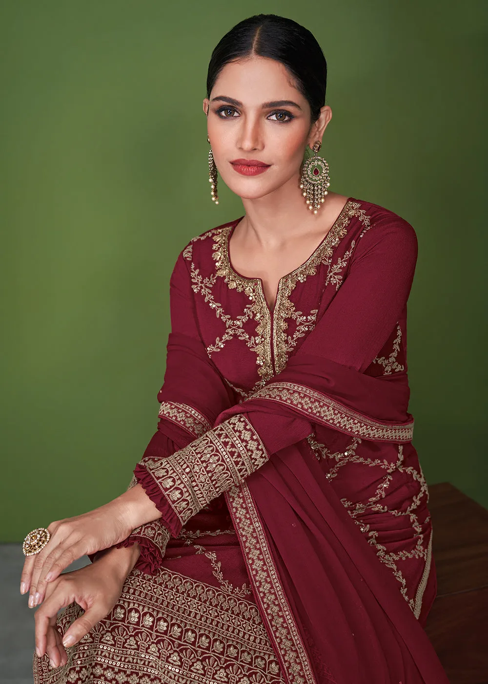 Stunning Maroon Beautifully Embroidered Festive Palazzo Suit