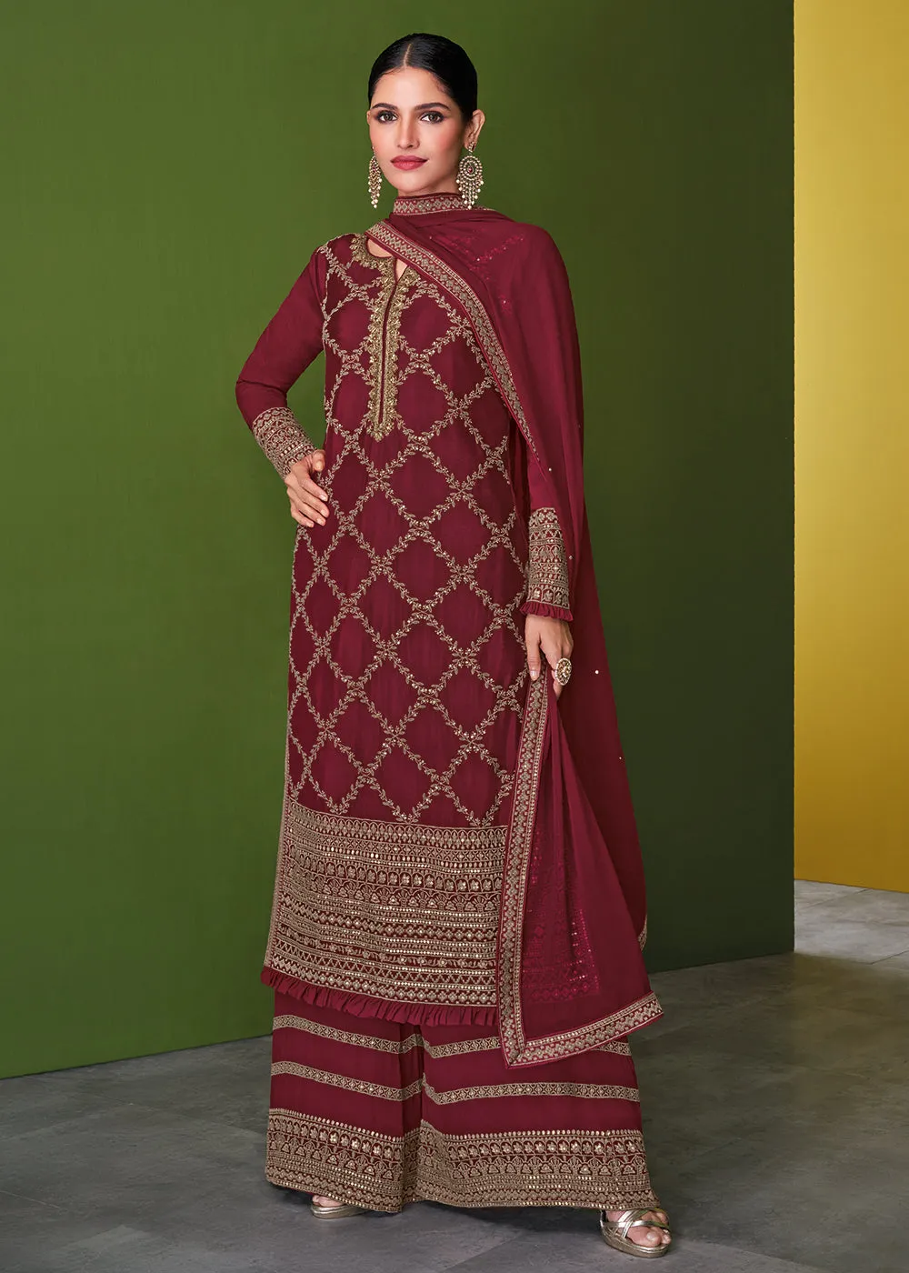 Stunning Maroon Beautifully Embroidered Festive Palazzo Suit