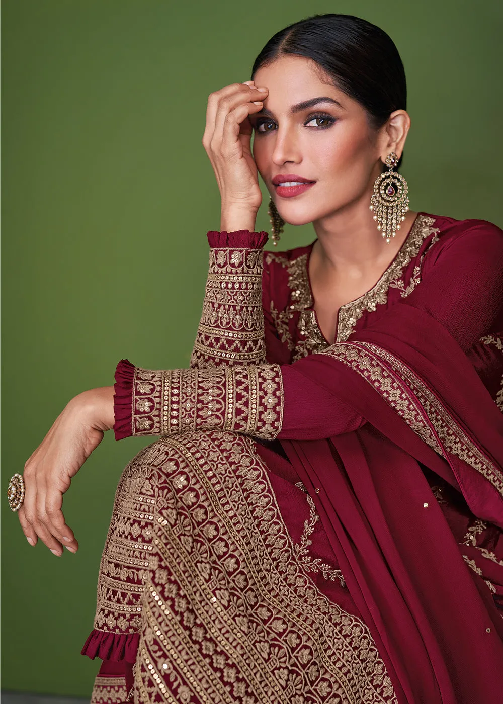 Stunning Maroon Beautifully Embroidered Festive Palazzo Suit