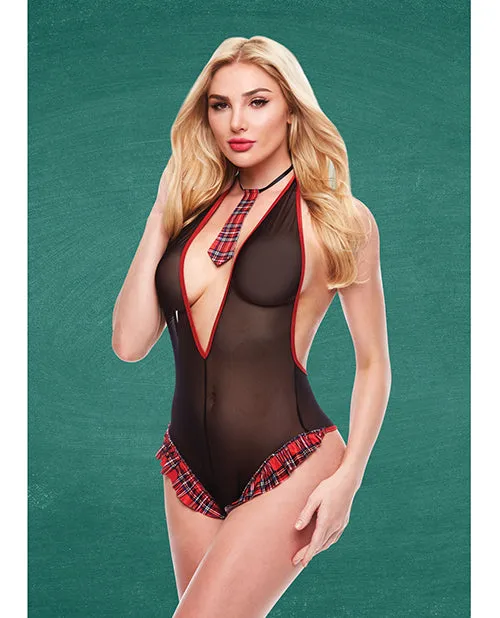 Teacher & Pet Schoolgirl See Thru Crotchless Teddy w/Tie Black/Red M/L