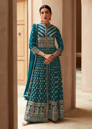 Teal Blue Anarkali Style Front Slit Palazzo Style Suit