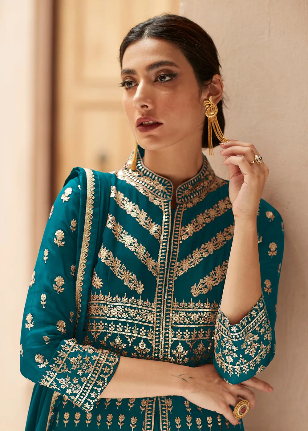 Teal Blue Anarkali Style Front Slit Palazzo Style Suit