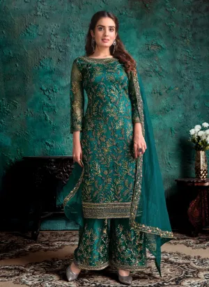 Teal Green Net Designer Fancy Pakistani Style Suit