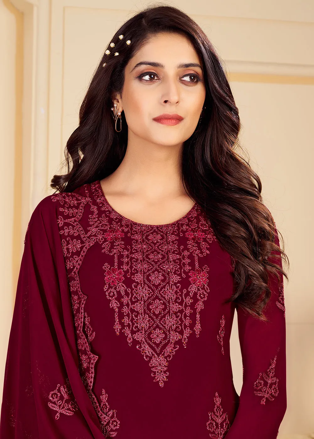 Trendy Maroon Georgette Eid Wear Salwar Kurta Suit