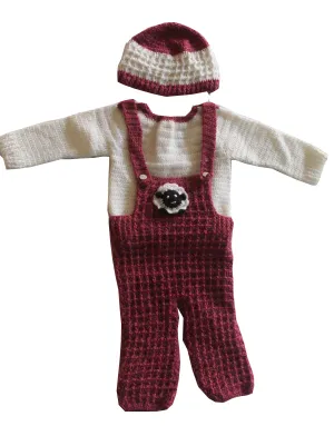 Unique Handmade Graminarts Jumpsuit Design Woolen Set For Baby Boy - Maroon & White