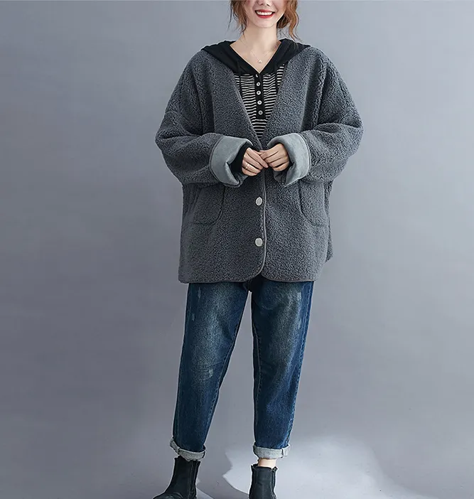 V Neck Fleece Women Spring Casual Coat Loose Short Coat Jacket