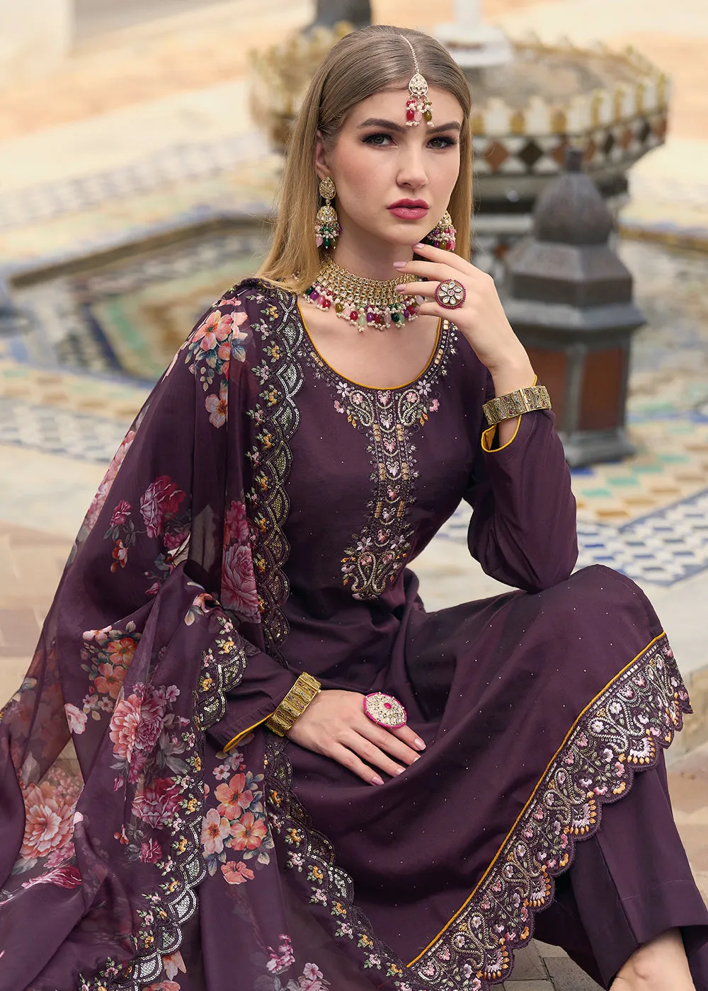 Viscose Silk Plum Purple Pakistani Pant Style Salwar Suit