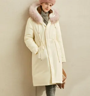 White Long Fur Trim Women Winter Loose Plus size Side Pockets Down Jacket Women Down Coats Any Size