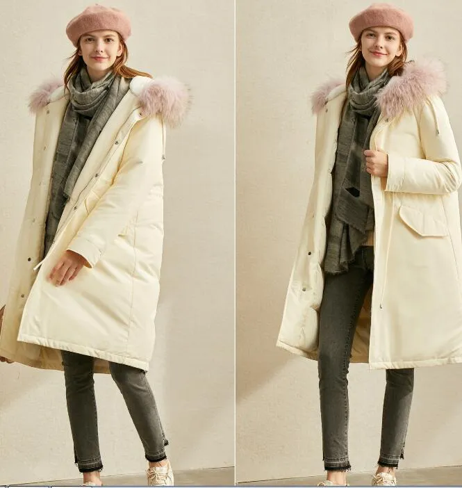 White Long Fur Trim Women Winter Loose Plus size Side Pockets Down Jacket Women Down Coats Any Size