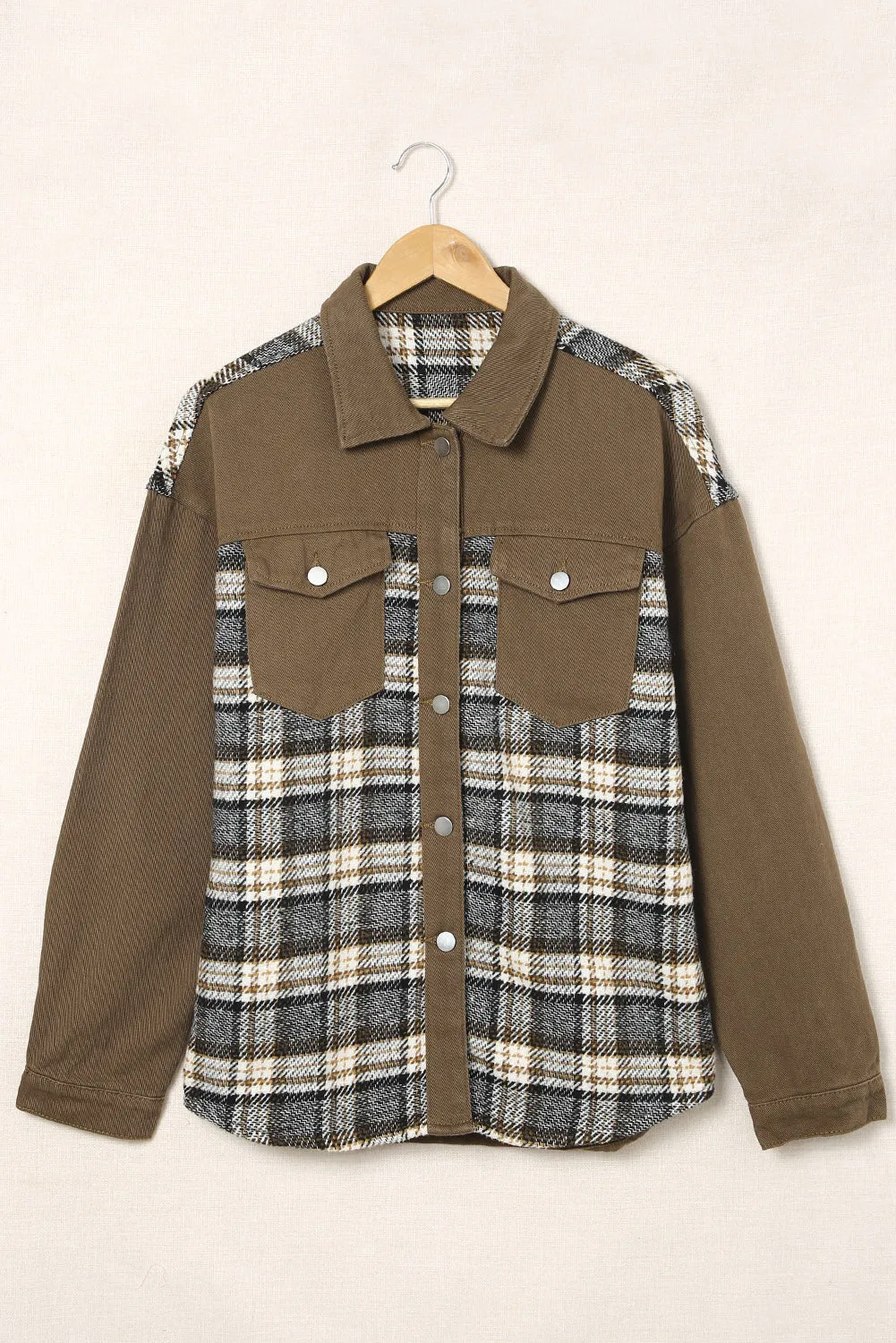 Wholesale Brown Plaid Patchwork Pockets Denim Jacket