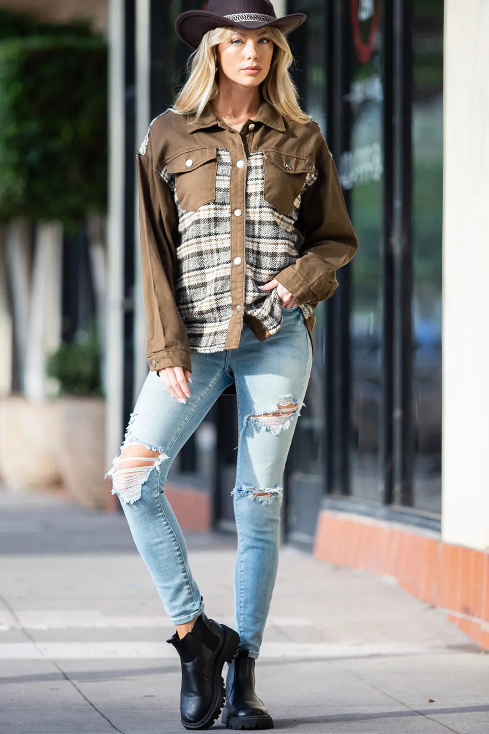 Wholesale Brown Plaid Patchwork Pockets Denim Jacket