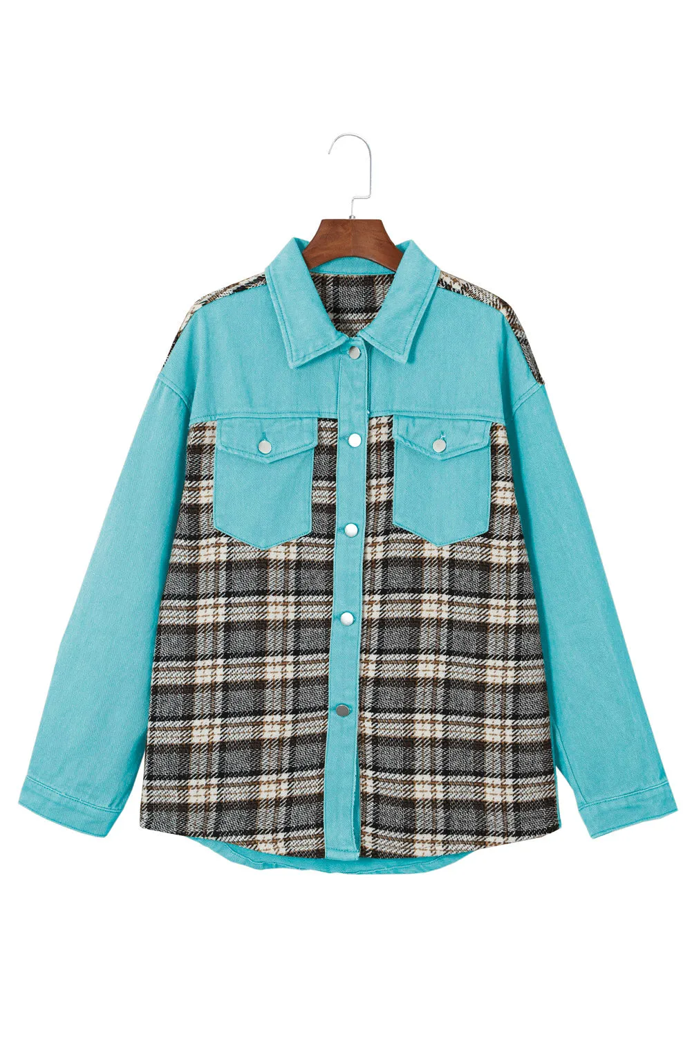 Wholesale Brown Plaid Patchwork Pockets Denim Jacket